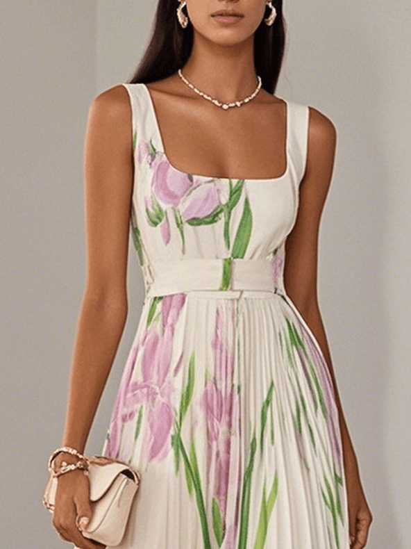 Maria | Abito Maxi Chiffon Floreale Plissettato Bianco