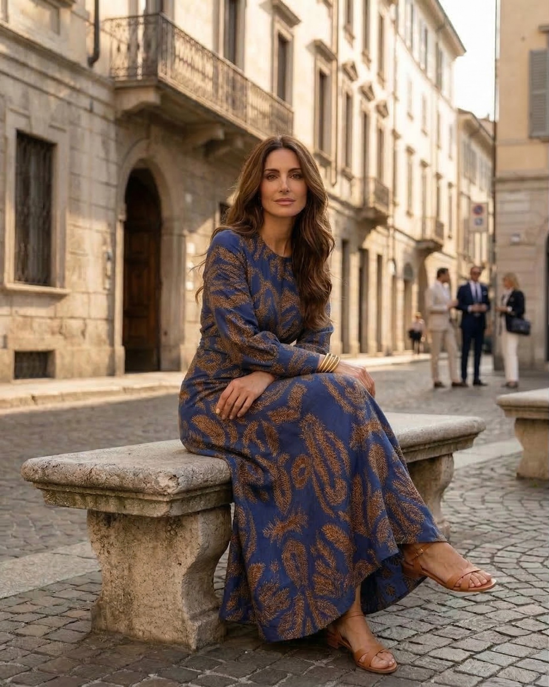 Isadora™ – Elegante abito midi con dettagli color nudo e stampa artistica