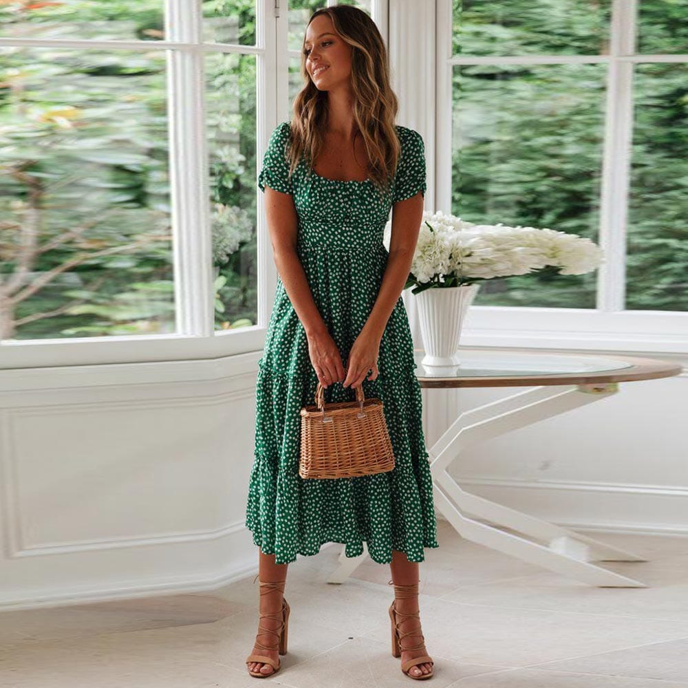 Charlie™ Boheemse Groene Midi Jurk Met Manica a sbuffo