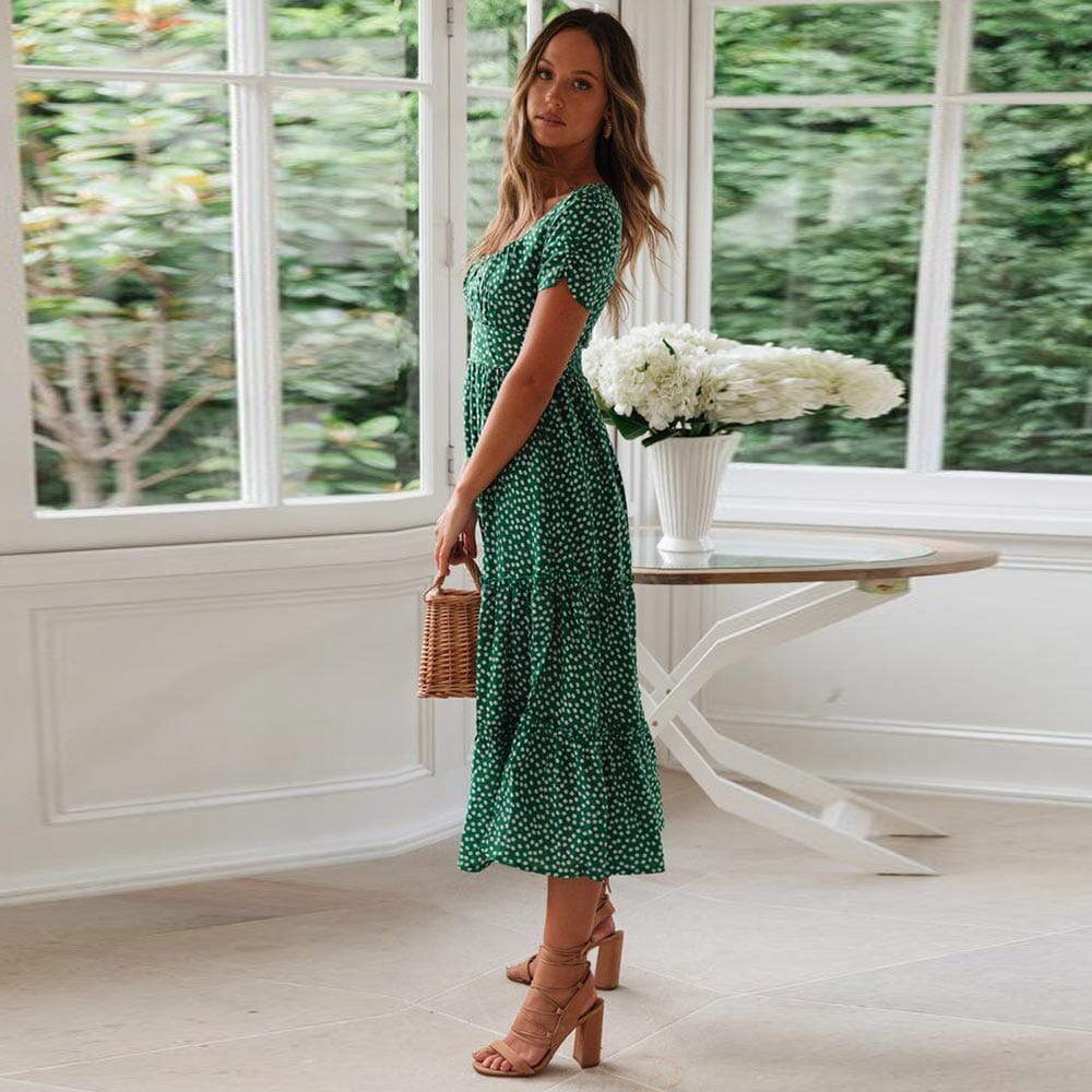 Charlie™ Boheemse Groene Midi Jurk Met Manica a sbuffo
