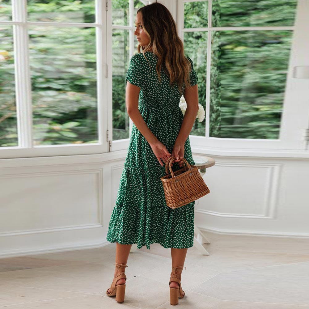 Charlie™ Boheemse Groene Midi Jurk Met Manica a sbuffo