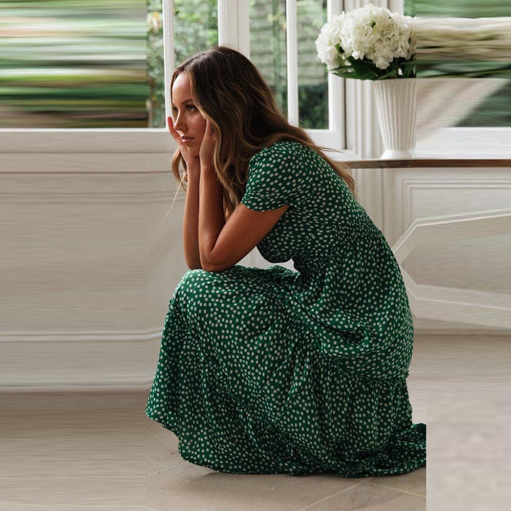 Charlie™ Boheemse Groene Midi Jurk Met Manica a sbuffo