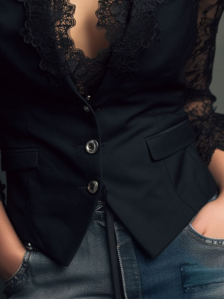 Naomi | Top Blazer Nero a Maniche Semi-Trasparenti