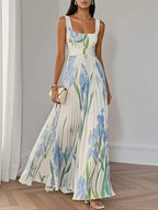 Maria | Abito Maxi Chiffon Floreale Plissettato Bianco