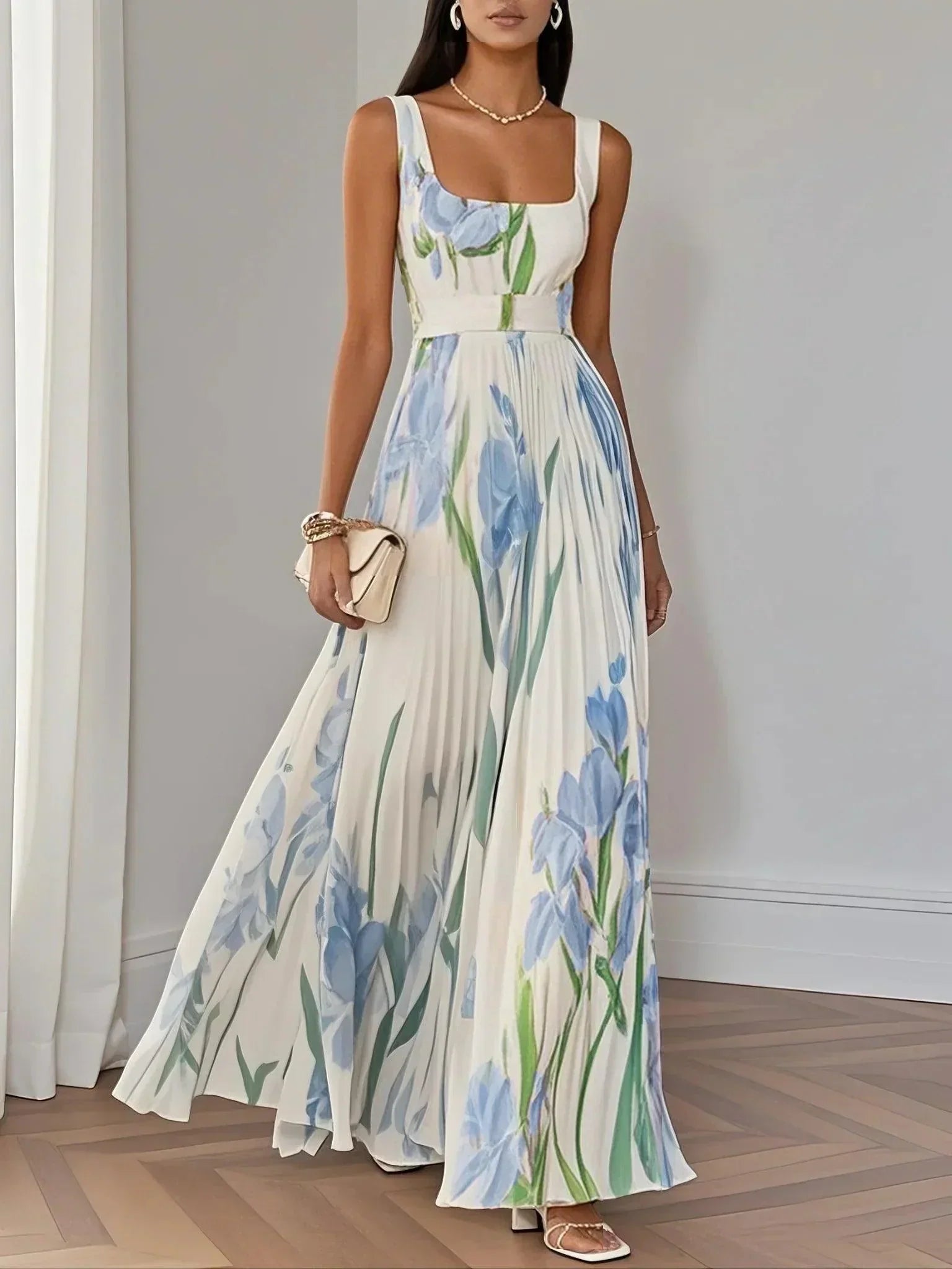 Maria | Abito Maxi Chiffon Floreale Plissettato Bianco