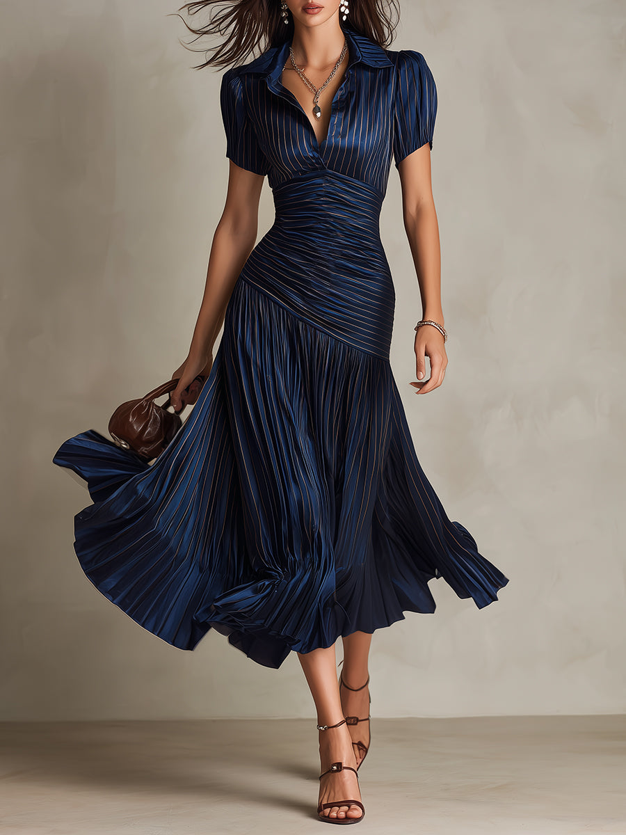 Adriana ∙ Retro gstreepte satijnen midi jurk
