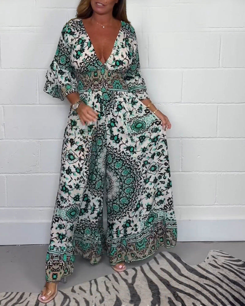 Sophie | Bedrukte Jumpsuit met Diepe V-Halslijn