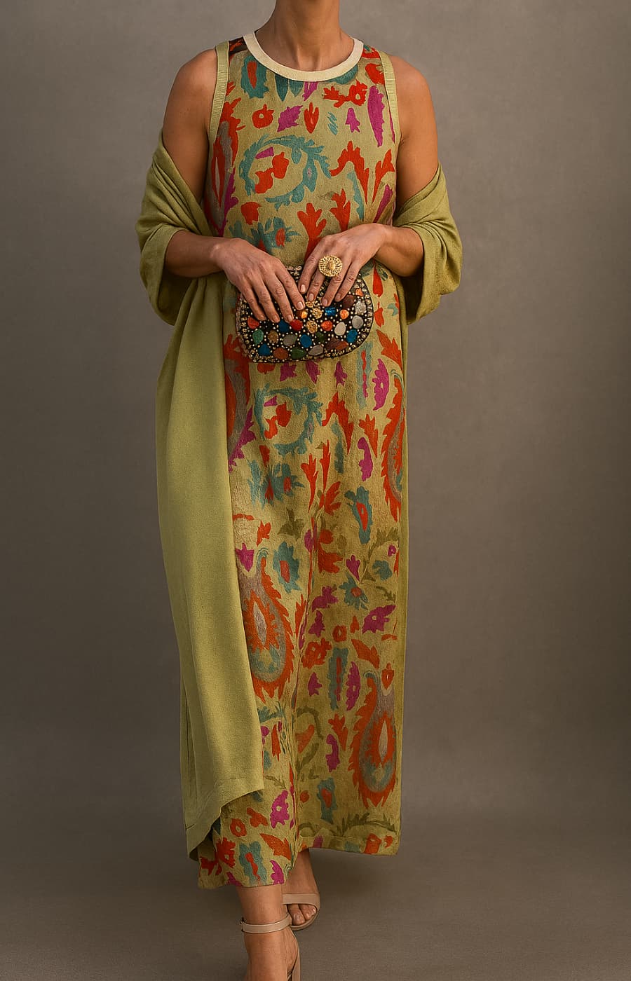 Elina | Elegante set con lungo vestito e gilet bijpassend