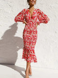 Hannah™ Rode Lange Mouwen Jurk Met stampa elegante in V-hals