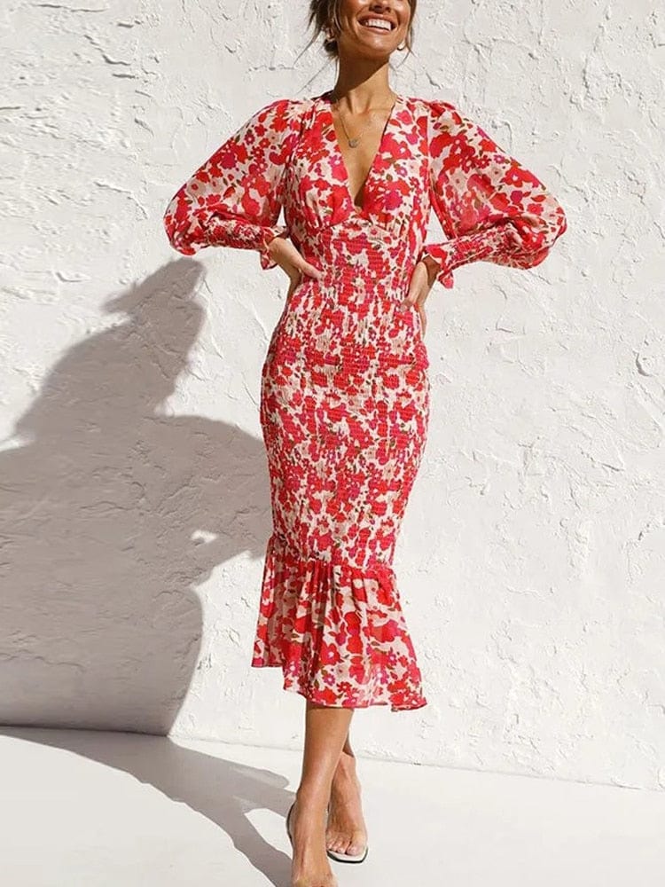 Hannah™ Rode Lange Mouwen Jurk Met stampa elegante in V-hals
