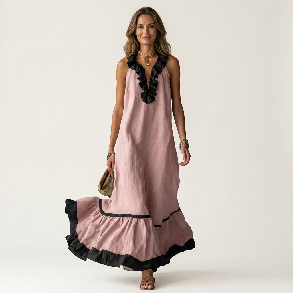 Emilia | Abito Maxi Senza Maniche con Scollo a Balze e Bordo a Contrasto