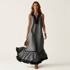 Emilia | Abito Maxi Senza Maniche con Scollo a Balze e Bordo a Contrasto