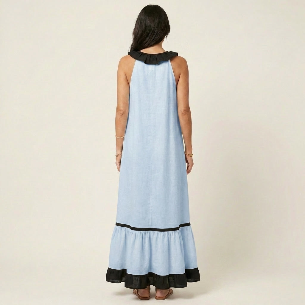 Emilia | Abito Maxi Senza Maniche con Scollo a Balze e Bordo a Contrasto