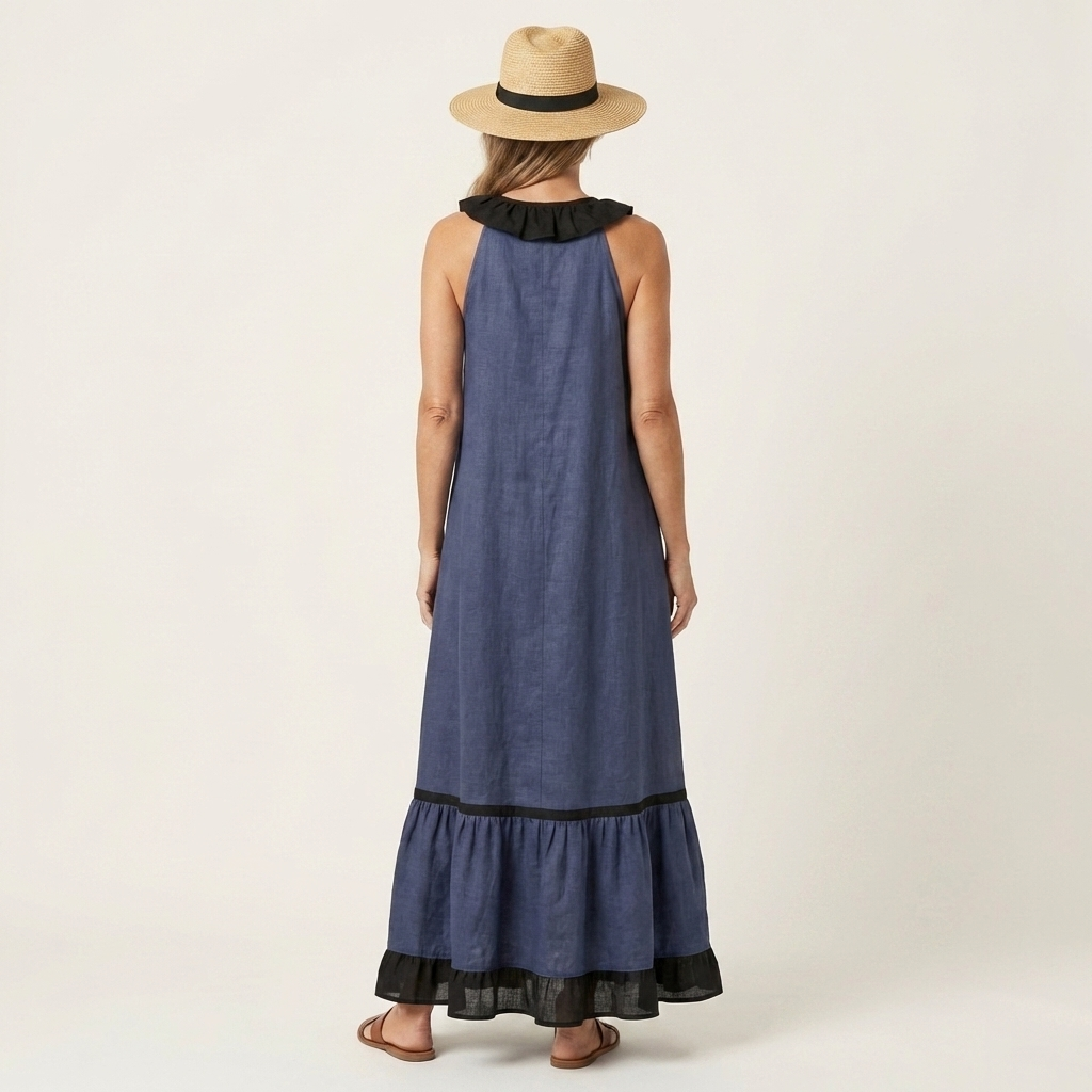 Emilia | Abito Maxi Senza Maniche con Scollo a Balze e Bordo a Contrasto