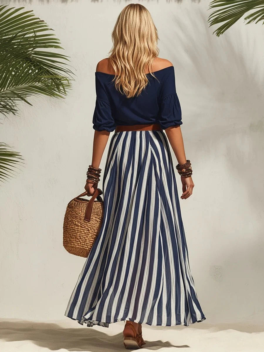 Isabella | Tweedelige Zomerset con top con spalle scoperte e Gestreepte Rok (Inclusief Riem)