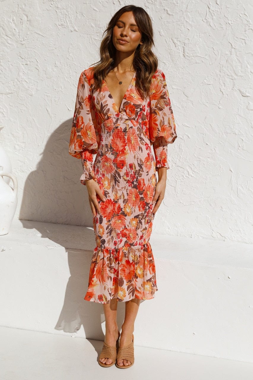 Kiana™ - Oranje Lange Mouwen Jurk Met Stampa elegante in V-hals