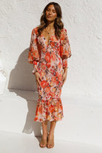 Kiana™ - Oranje Lange Mouwen Jurk Met Stampa elegante in V-hals