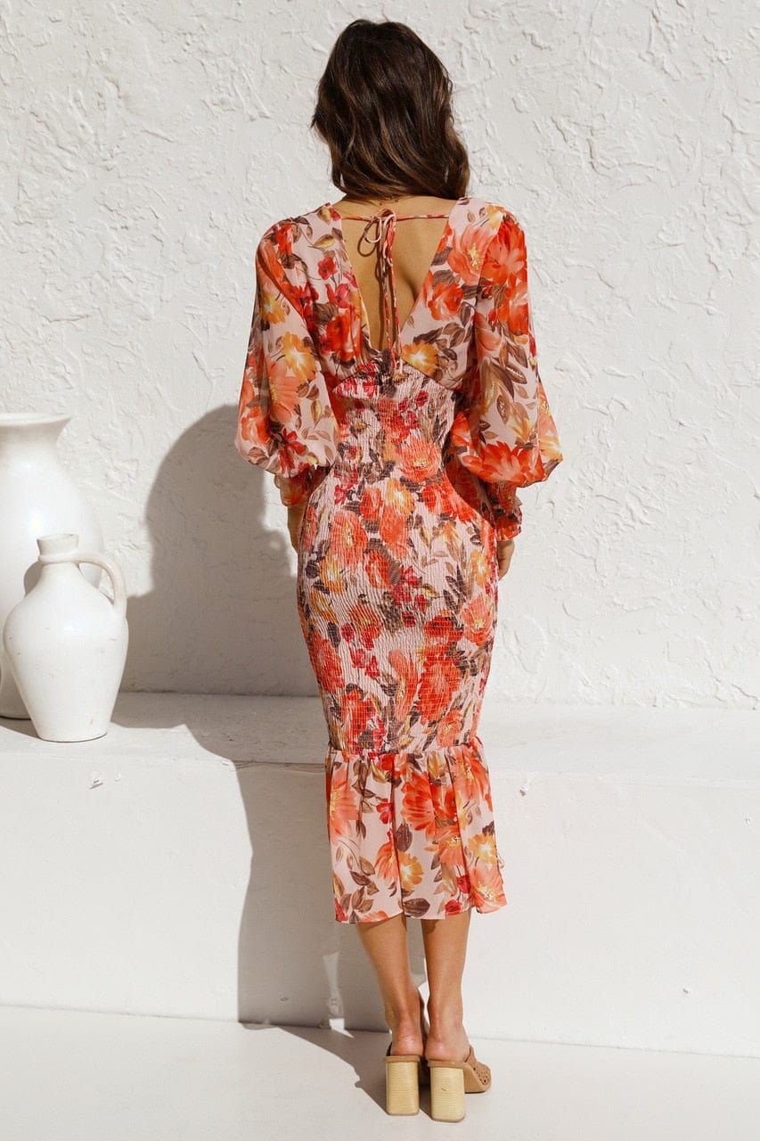Kiana™ - Oranje Lange Mouwen Jurk Met Stampa elegante in V-hals