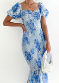 Lena™ Blauwe Midi Sirena Jurk Met Puff Mouwen
