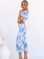 Lena™ Blauwe Midi Sirena Jurk Met Puff Mouwen