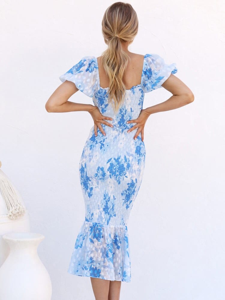 Lena™ Blauwe Midi Sirena Jurk Met Puff Mouwen