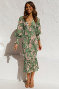 Lieke™ Groene Lange Mouwen Jurk Met Stampa elegante in V-hals