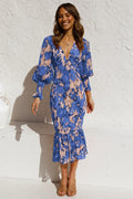 Liona™ - Jurk Blauwe a maniche lunghe con stampa elegante a V