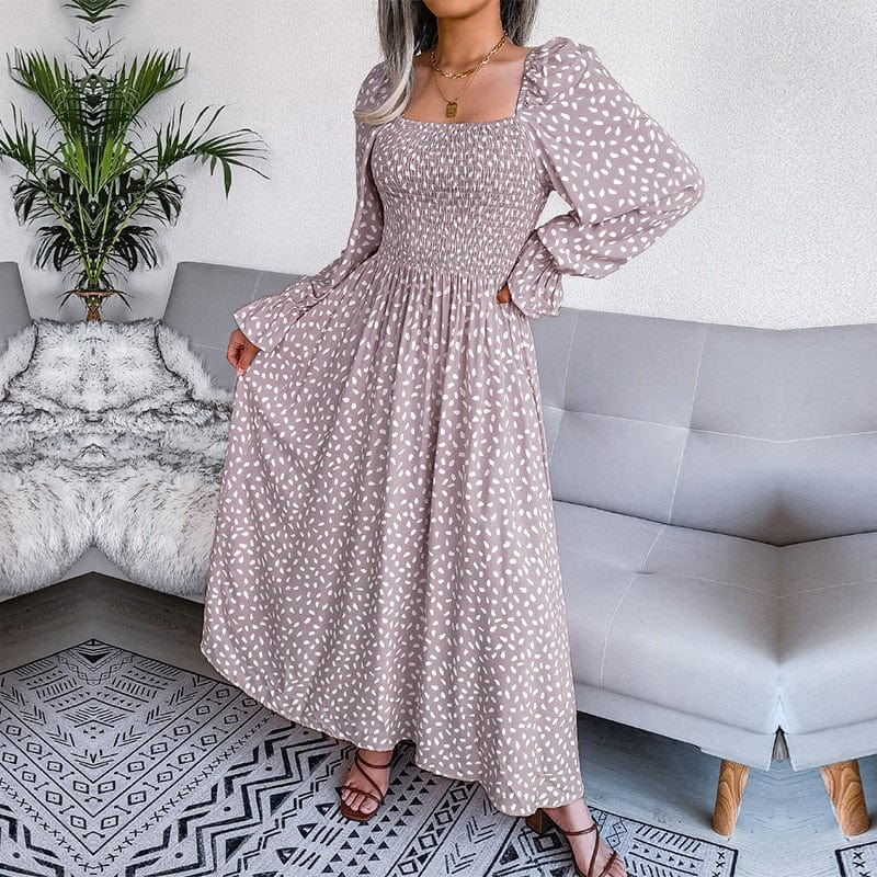 Lotte™ Elegante Beige Lange Mouwen Maxi Jurk
