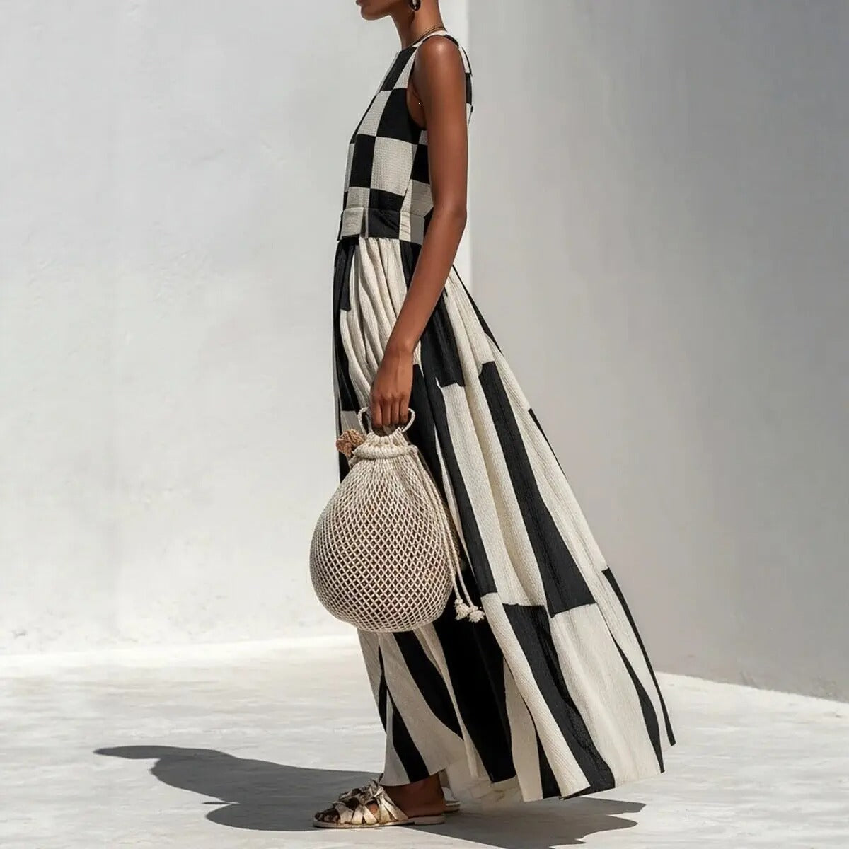 Noa | Abito Maxi Geometrico Bianco e Nero