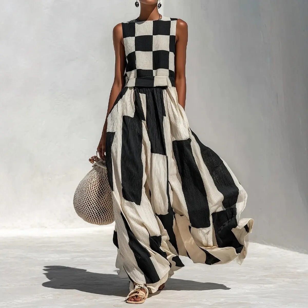 Noa | Abito Maxi Geometrico Bianco e Nero