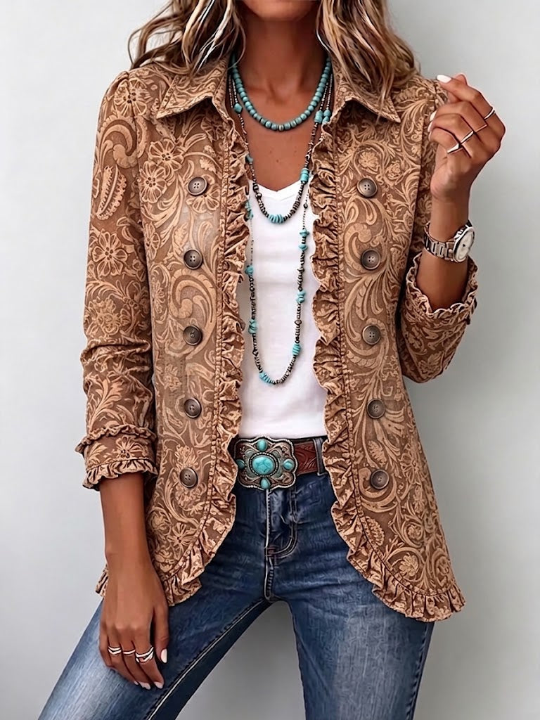 Noemi | Giacca Bohémien Fiorita Vintage Marrone con Rouches