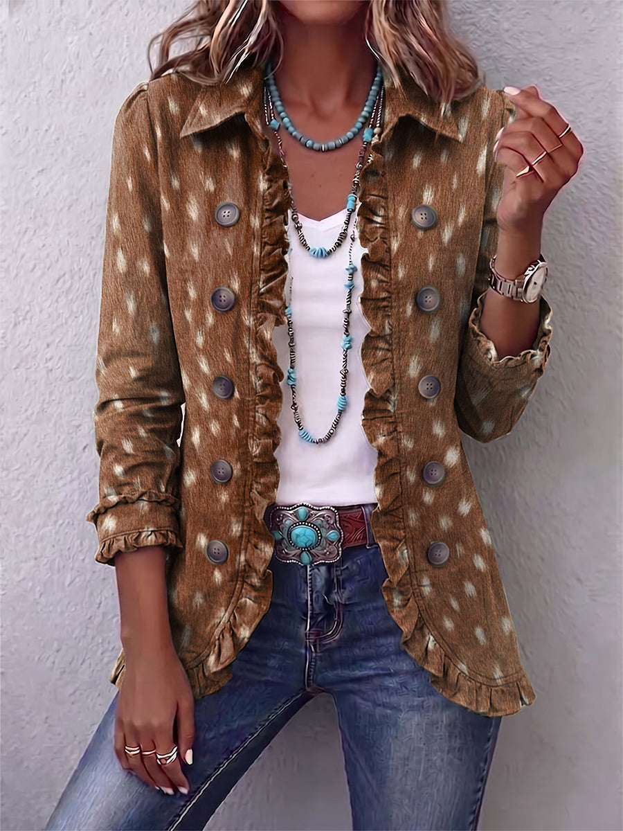 Elena | Giacca Bohémien Stampa Animalier Marrone con Rouches