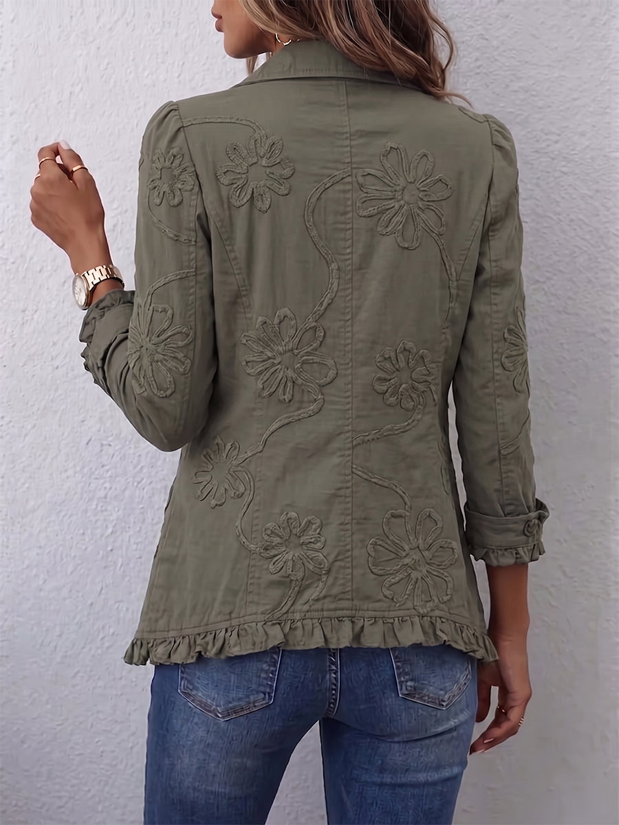 Alessandra | Giacca Bohémien-Chic Ricamata a Fiori Verde Retrò con Rouches