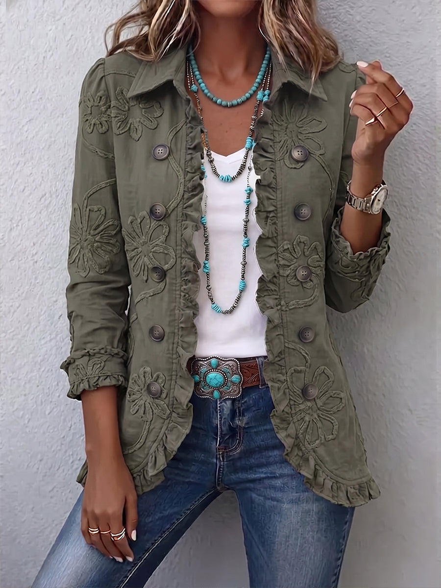Alessandra | Giacca Bohémien-Chic Ricamata a Fiori Verde Retrò con Rouches