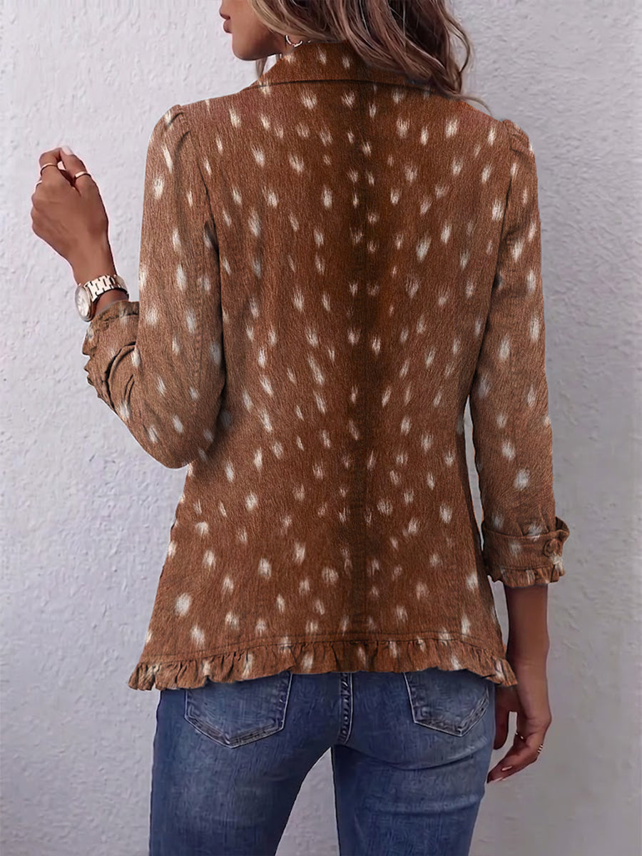 Elena | Giacca Bohémien Stampa Animalier Marrone con Rouches