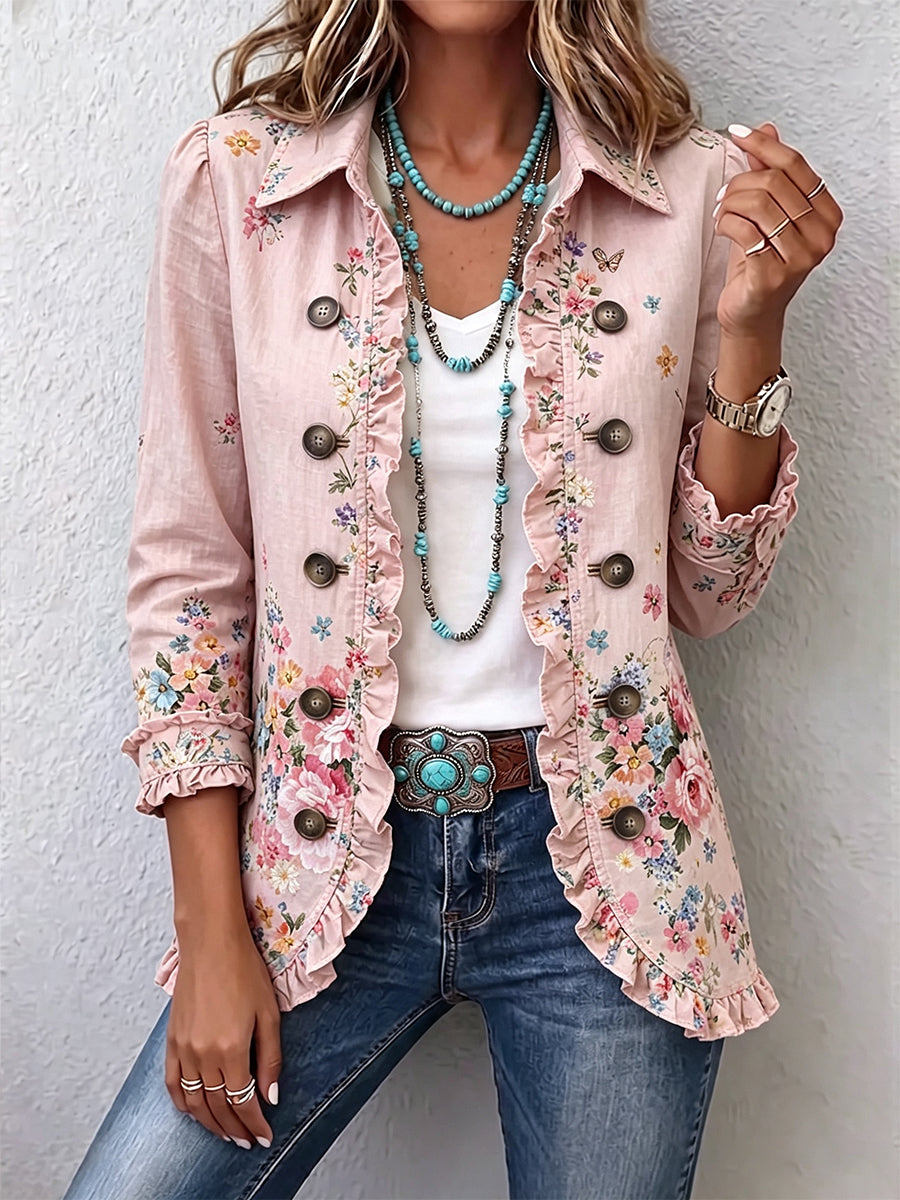 Martina | Giacca Fiorita Rosa con Rouches e Bottoni