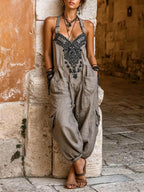 Fiammetta | Salopette boho in cotone con ricamo etnico dal fascino mediterraneo