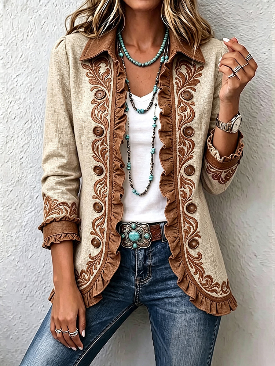 Ottavia | Giacca Bohémien Fiorita Vintage Cammello e Marrone con Rouches