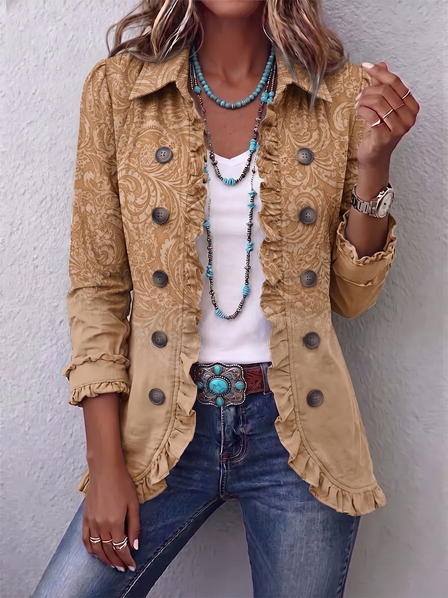 Chiara | Giacca Western Stampata Kaki con Rouches