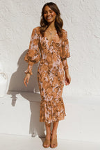 Pip™ - Bruine manica lunga Jurk Met stampa elegante in V-hals