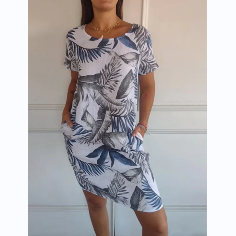 Ronde Hals Jurk met Botanische Print