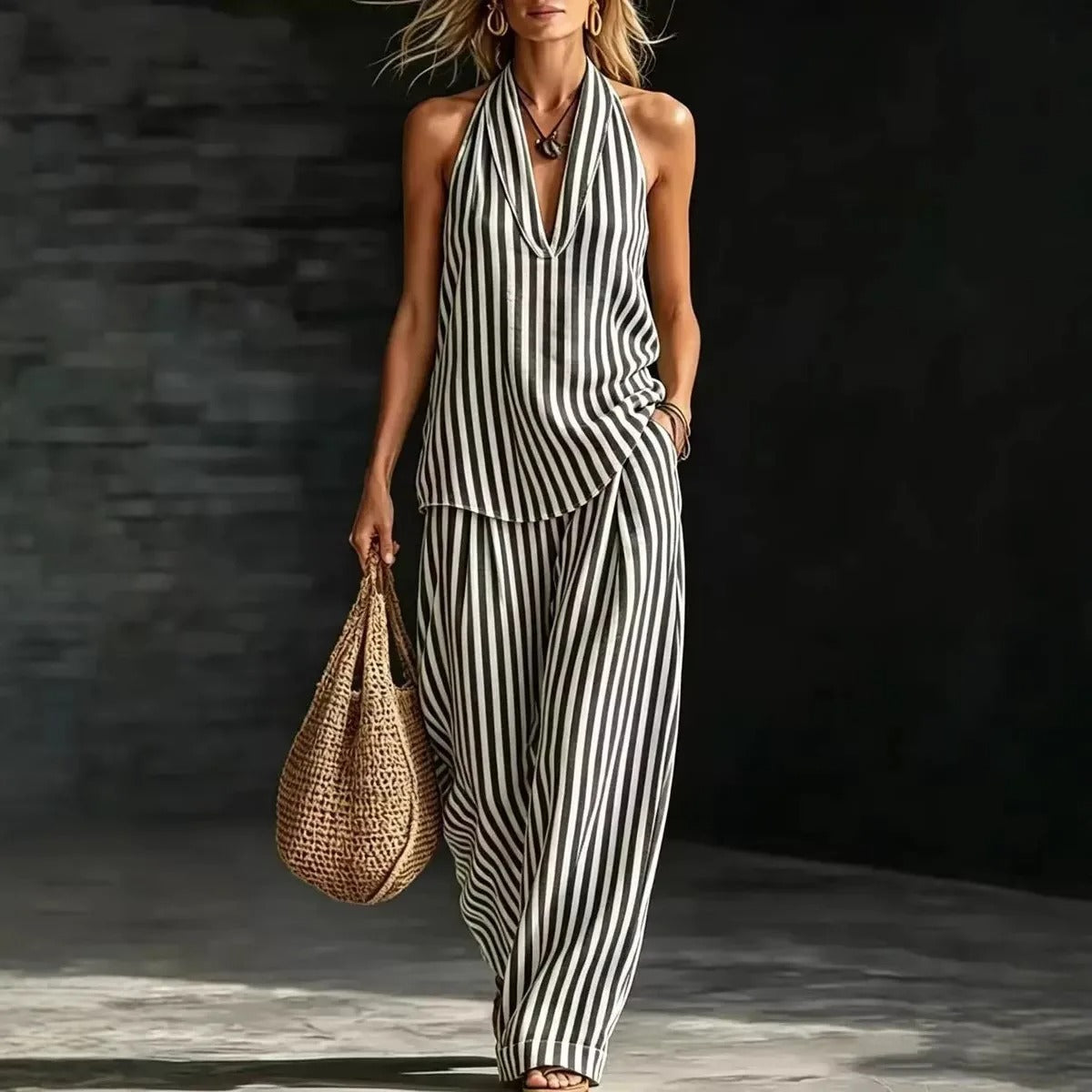 Sofia | Completo Effetto Lino Top Halter e Pantalone a Righe