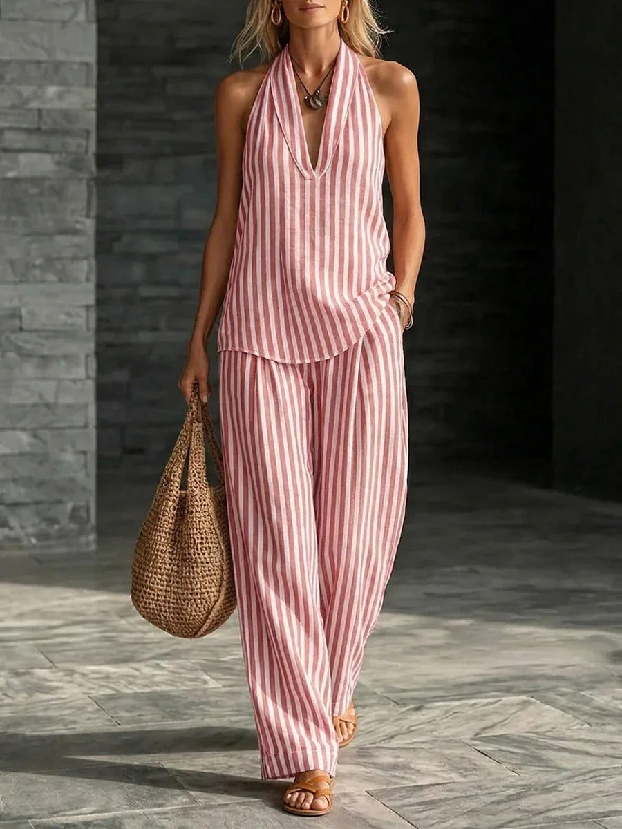 Sofia | Completo Effetto Lino Top Halter e Pantalone a Righe