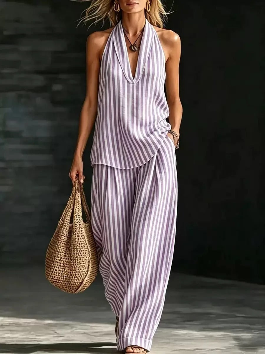 Sofia | Completo Effetto Lino Top Halter e Pantalone a Righe