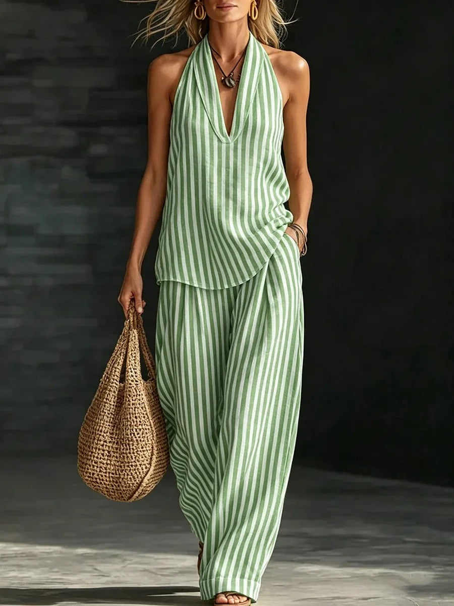 Sofia | Completo Effetto Lino Top Halter e Pantalone a Righe
